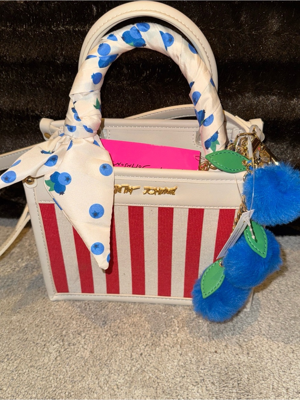 Betsey Johnson White and Red Stripe Mini Top-Handle Bag with Blue Pom Charm - Picture 1 of 11